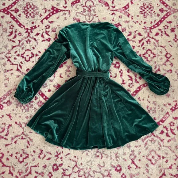 Badgley Mischka V-Neck Long Sleeve Green Velvet Dress - Size 0 - Picture 3 of 7